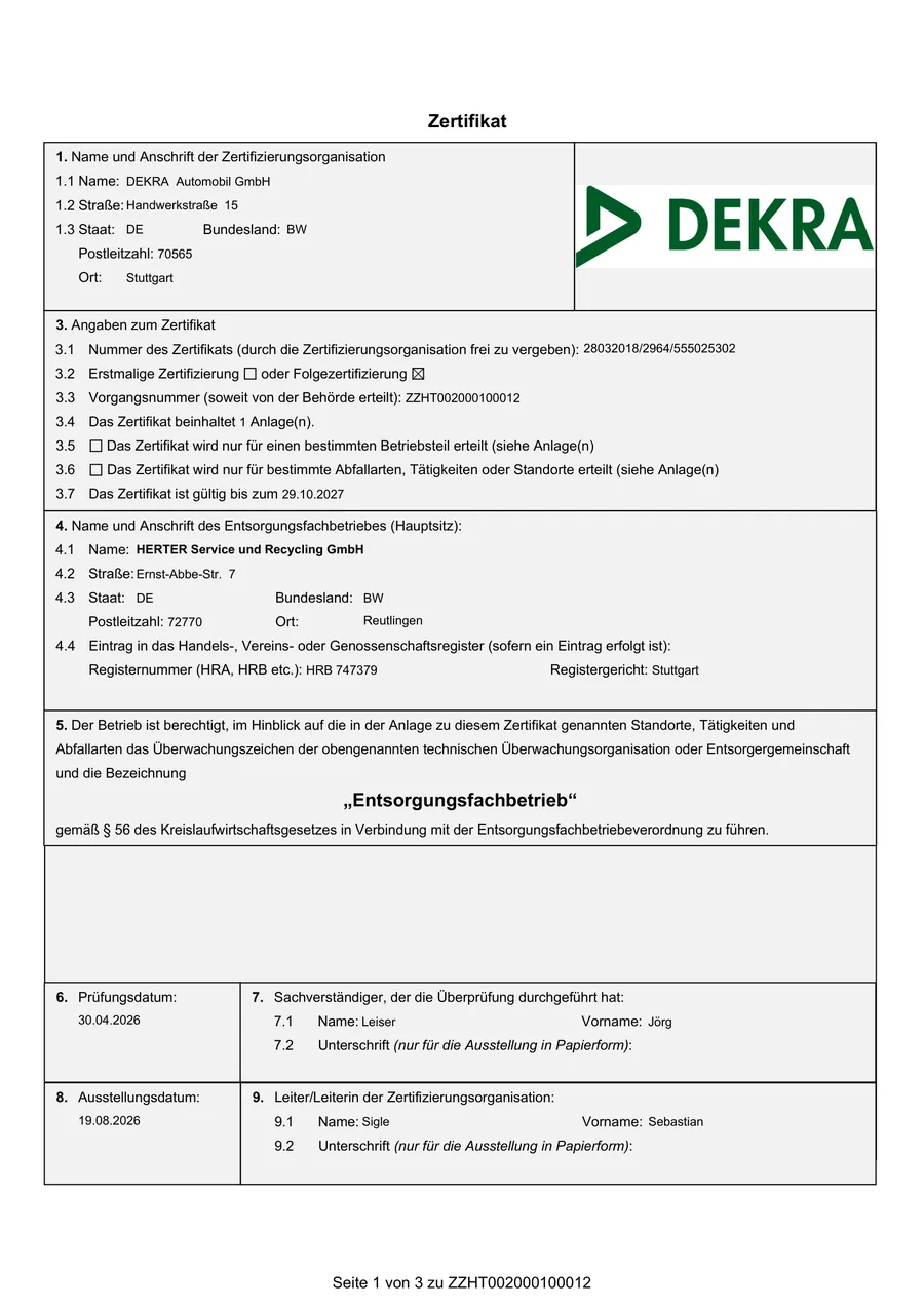 Titelseite des DEKRA-Zertifikats Nr. 28032018/2964/555025302 für die HERTER Service und Recycling GmbH