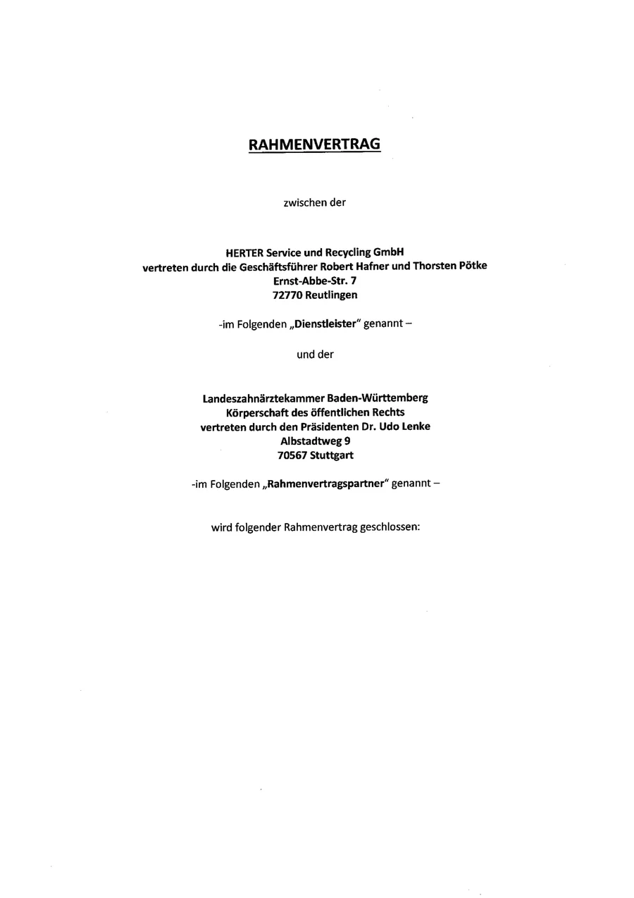 Titelseite des Entsorgungsrahmenvertrags zwischen der HERTER Service und Recycling GmbH und der Landeszahnärztekammer Baden-Württemberg